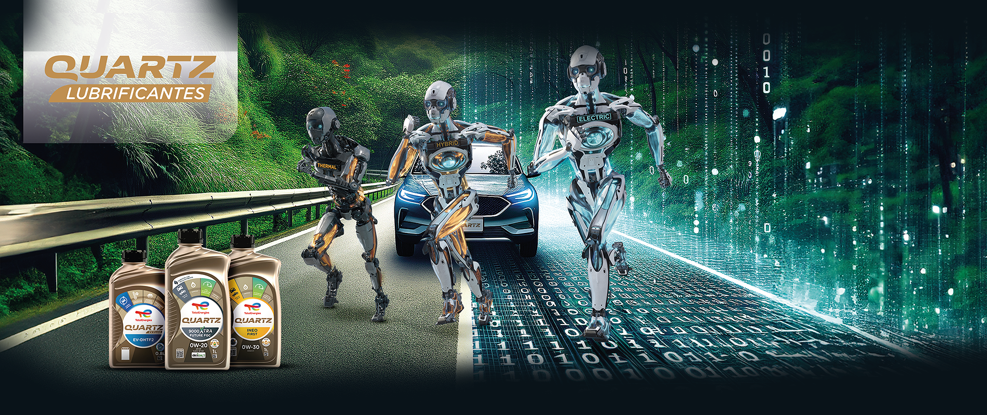 Imagens de litros de óleo lubrificante automotivo da marca Total quartz de fundo tem uma imagem de uma estrada com elementos futuristas e 03 robôs correndo em direção aos litros de óleo