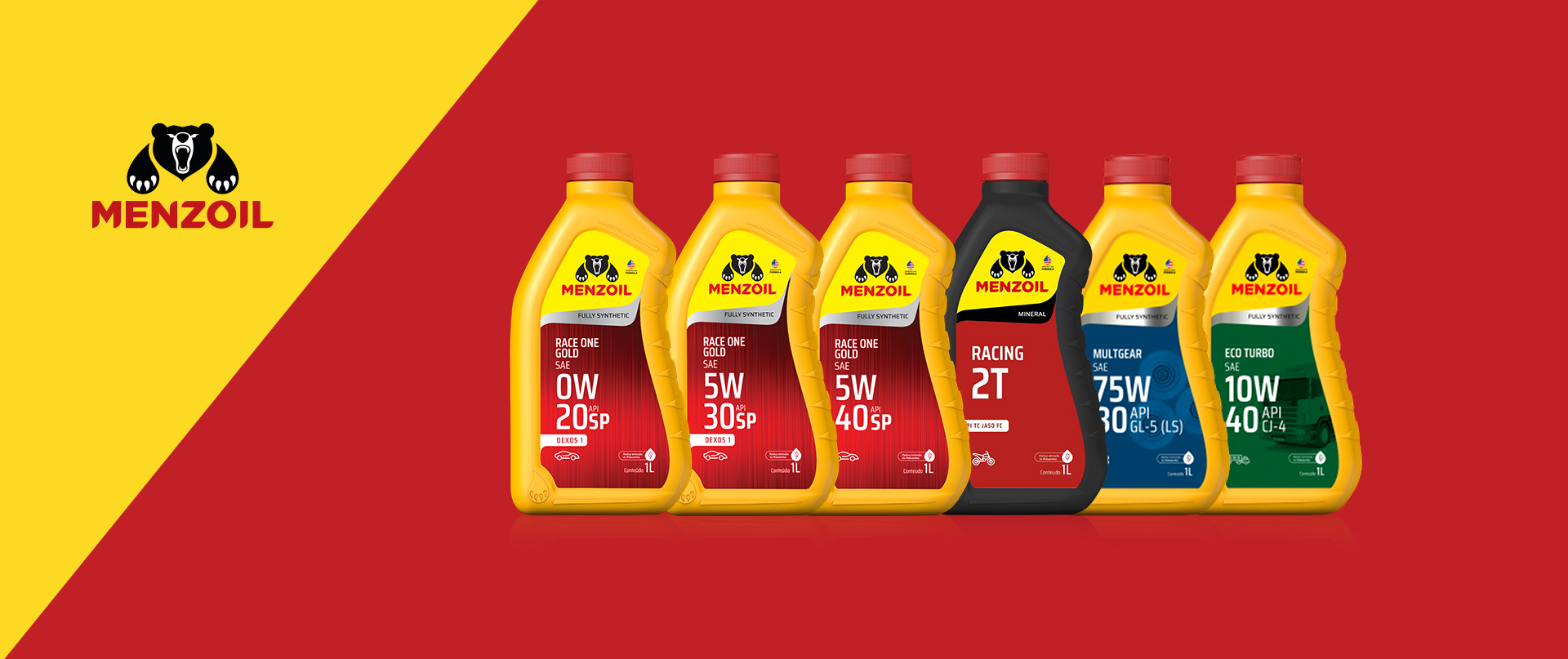 Imagens de litros de óleo lubrificante automotivo da marca Menzoil e o logo da industria Menzoil