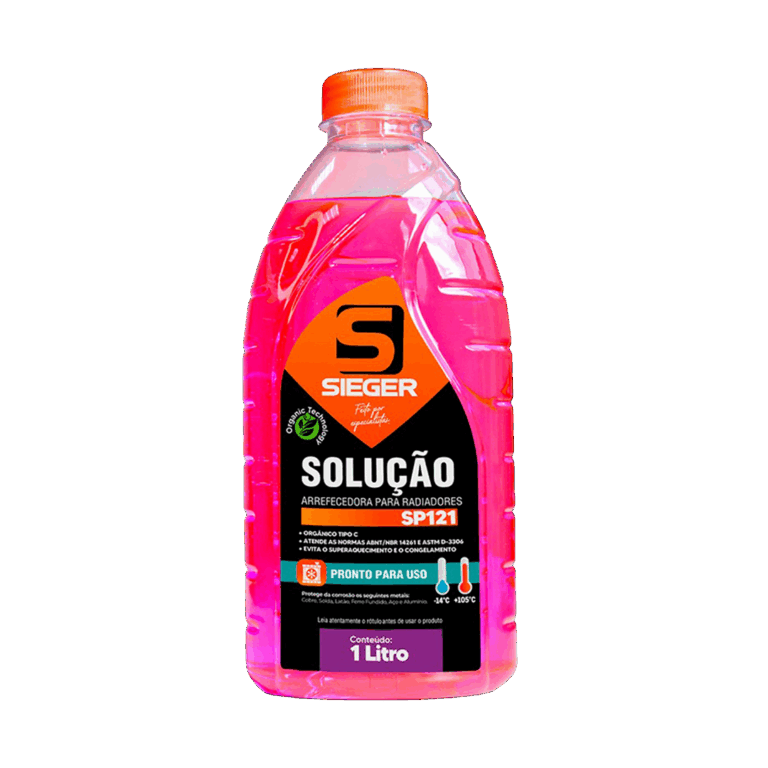 Foto de litro de aditivo de radiador na cor rosa da marca Sieger_ codigo SP121, produto para o sistema de arrefecimento de carros
