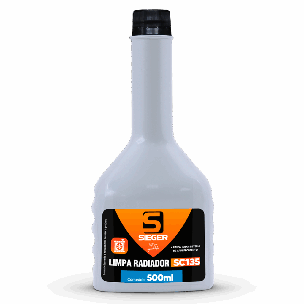 litro na cor branca com tampa preta e rótulo nas cores laranja e preto "limpa radiador" da marca sieger sc 135, embalagem de 500ml