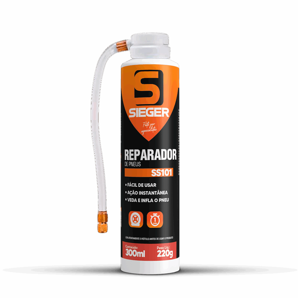 embagem de produto reparador de pneus 300 ml vem com uma pequena mangueira para plugar no pneus e encher, rótulo nas cores laranja e preto da marca sieger