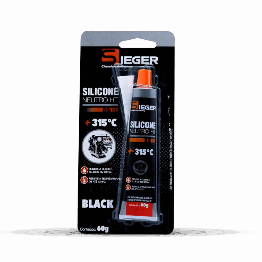 cartela na cor preta contendo uma bisnaga de silicone neutro preto para motor de carro, fabricante sieger embalagem de 60g